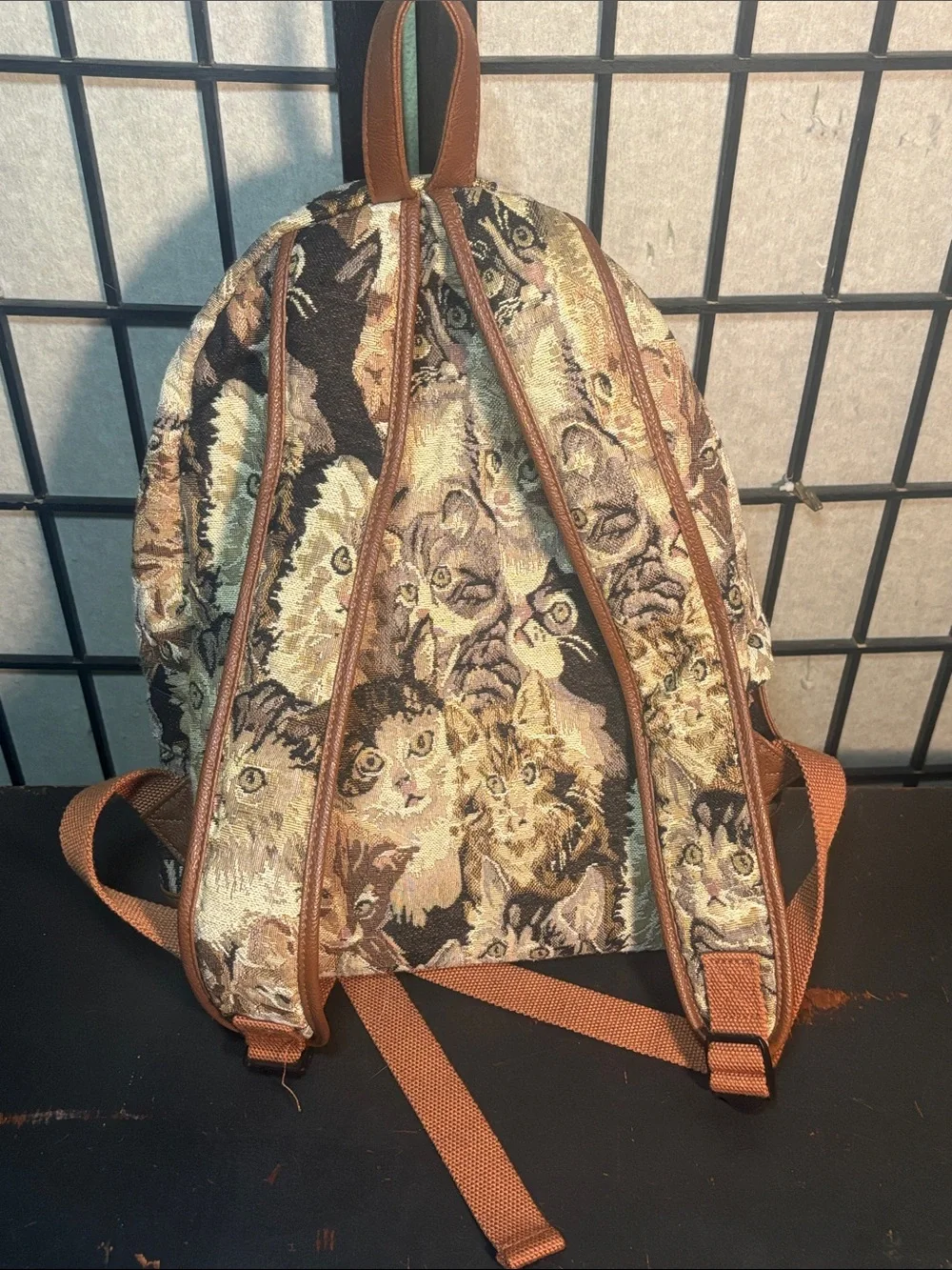 Brown & Multicolor Cat Print Tapestry Backpack